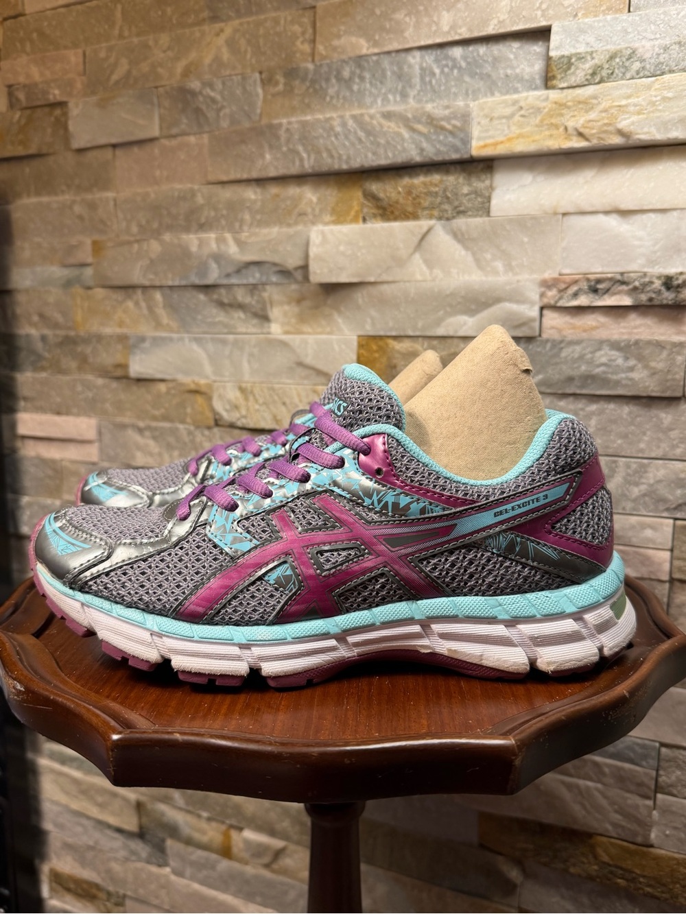 Woman’s Sz 7 ASICS Gel-Excite 3 Running Grey Purple Teal Shoe Sneakers EUC